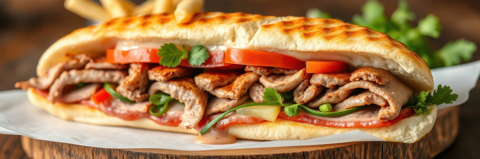 Delicious sandwich filled with grilled meat, fresh vegetables, and flavorful sauce
